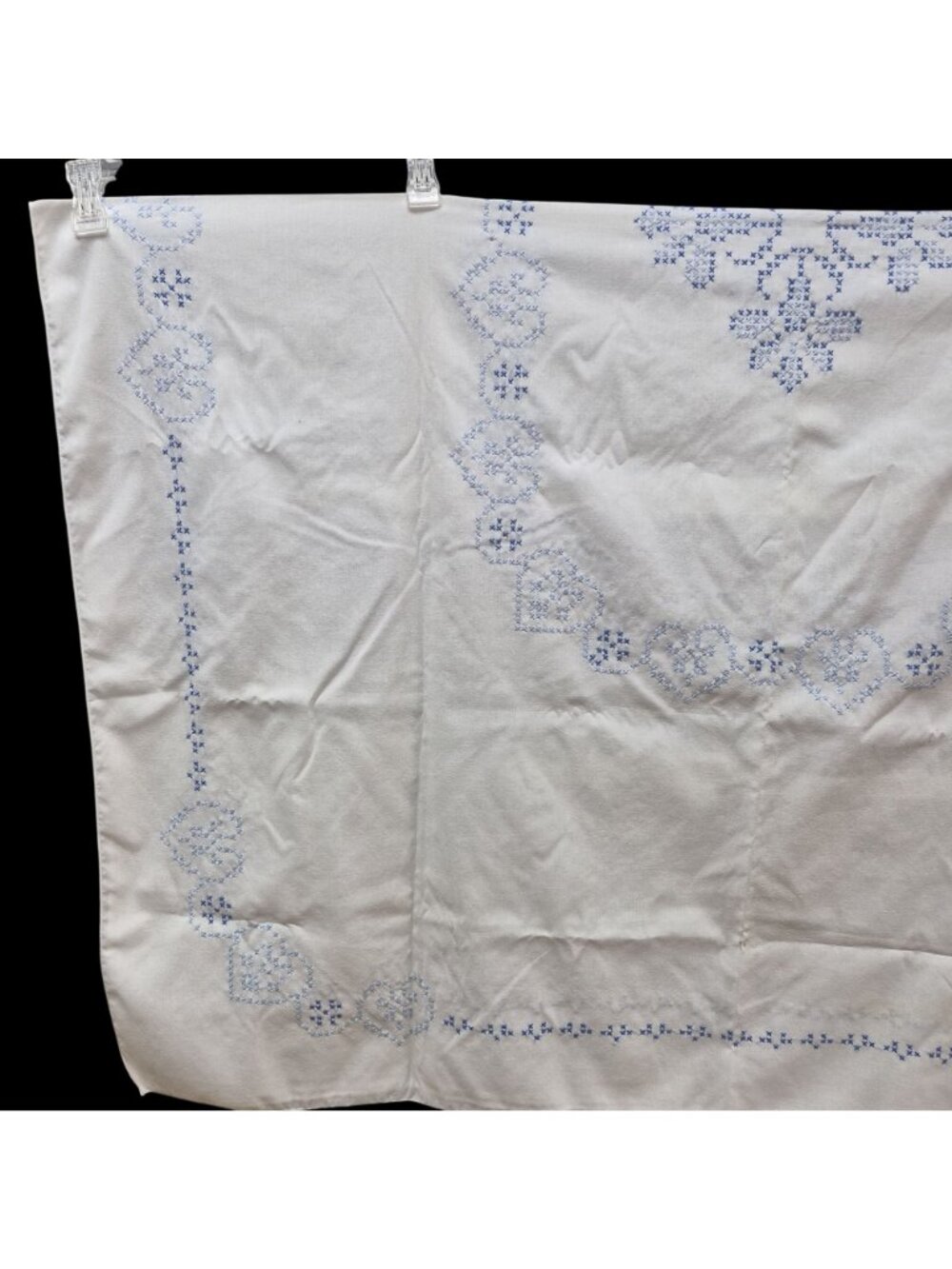 Vintage Hand Embroidered White Tablecloth Blue Cross-Stitch Heart Floral Cotton - Picture 3 of 14